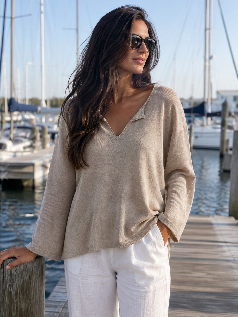 GAP 100 % Linen Sand V-Neck Lightweight Knit Pullover-Large